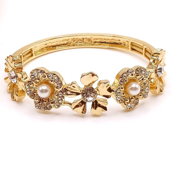 Monet Bracelet Stretchy Floral Gold-Tone Metal Rhinestones Faux Pearls Bangle 7" - Picture 1 of 13